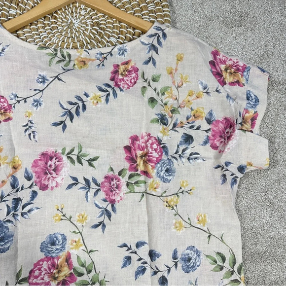 Bella Umbra 100% Linen Blouse Light Tan Floral Shortsleeve Made in Italy Size M - Picture 7 of 13